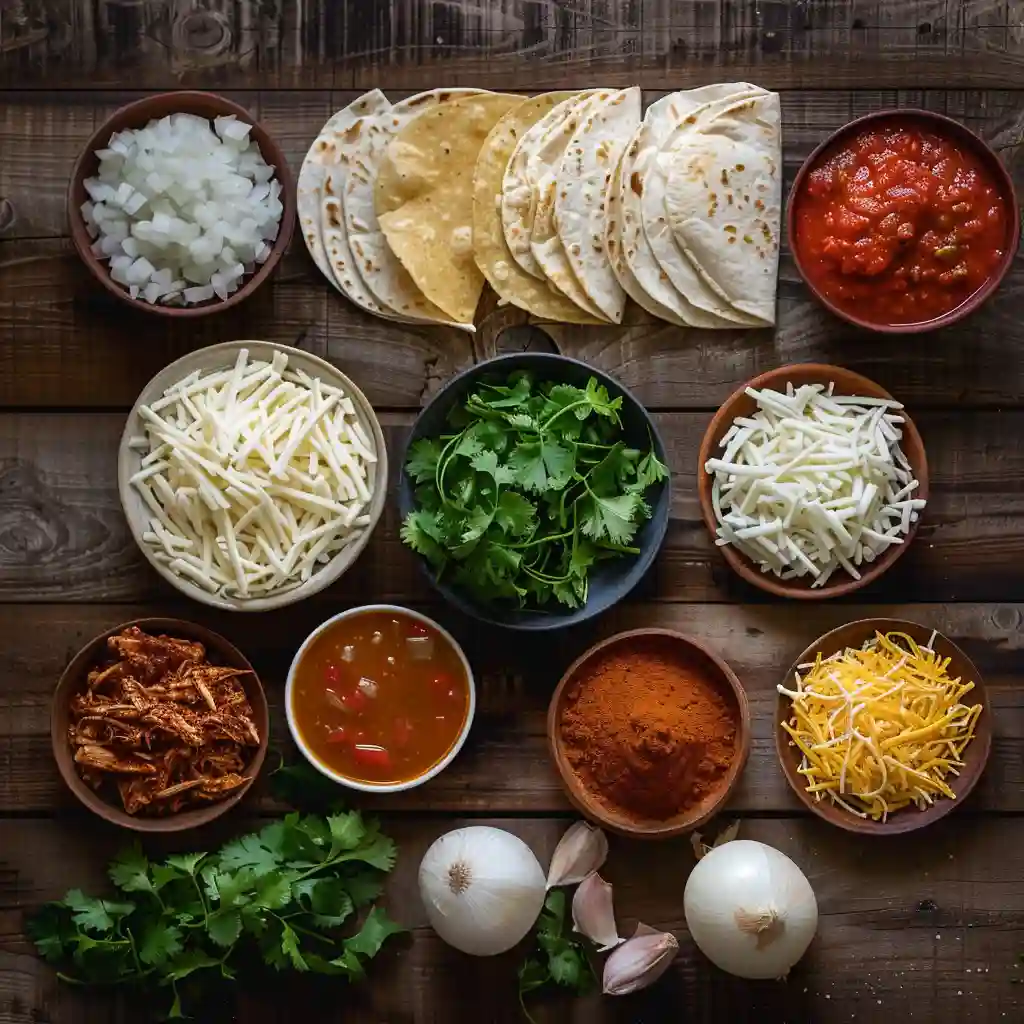 Top-down view of ingredients for chicken enchiladas recipe