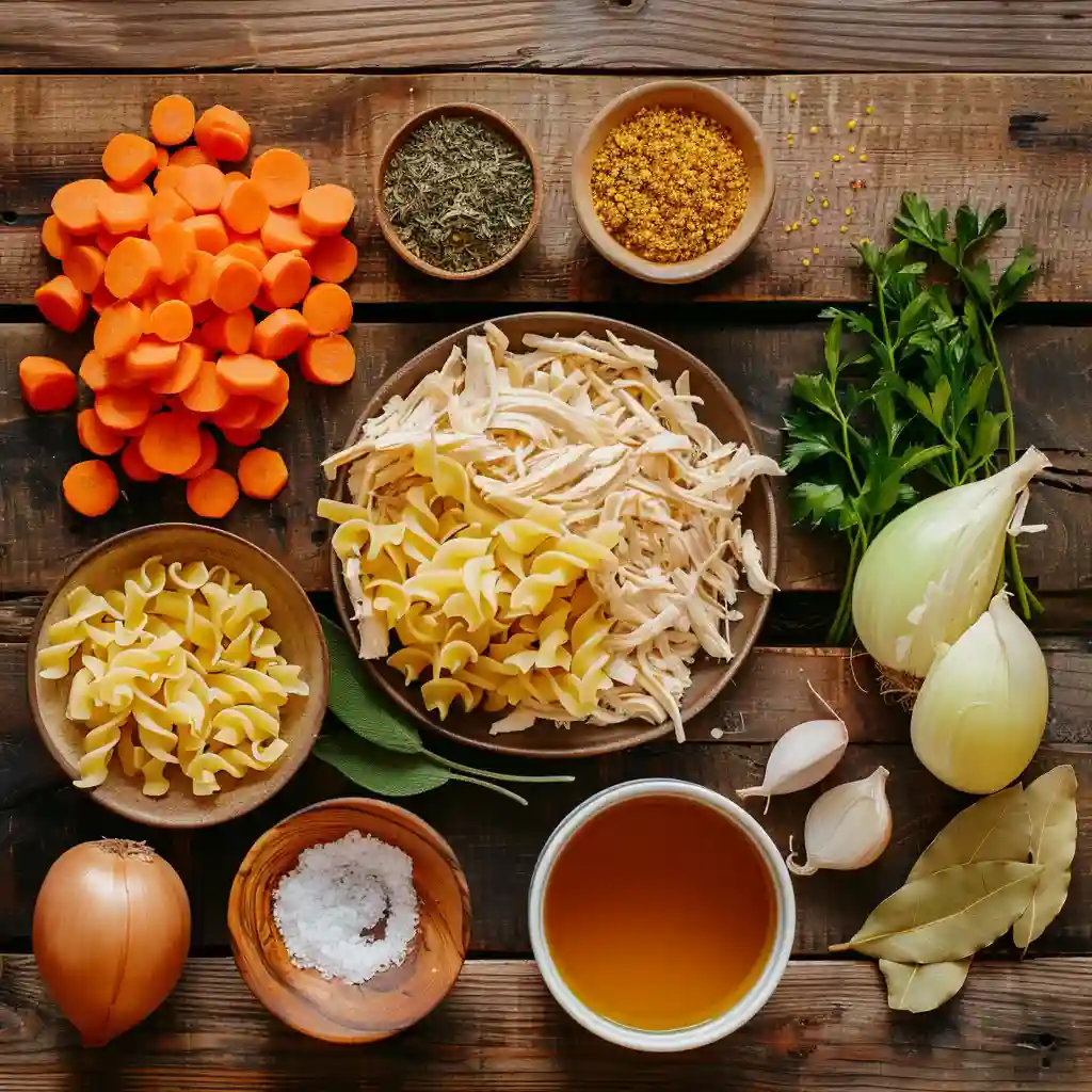 Chicken Noodle Soup ingredients with egg noodles, carrots, and herbs