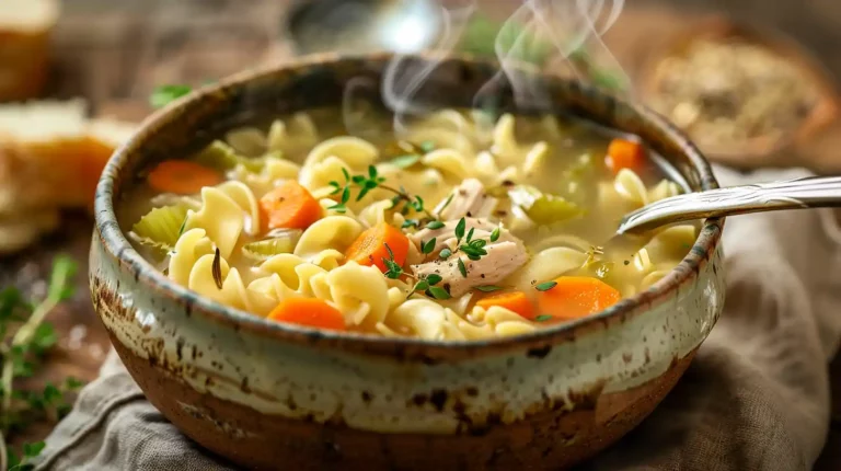 Bowl of Chicken Noodle Soup with carrots, noodles, and herbs