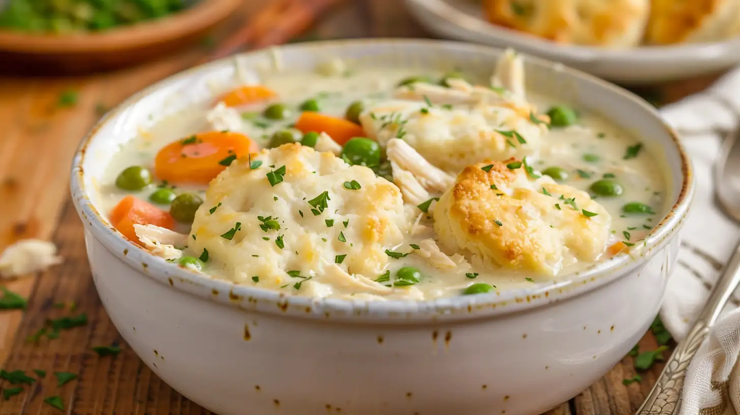 Creamy chicken pot pie soup with vegetables and golden biscuits in a bowl