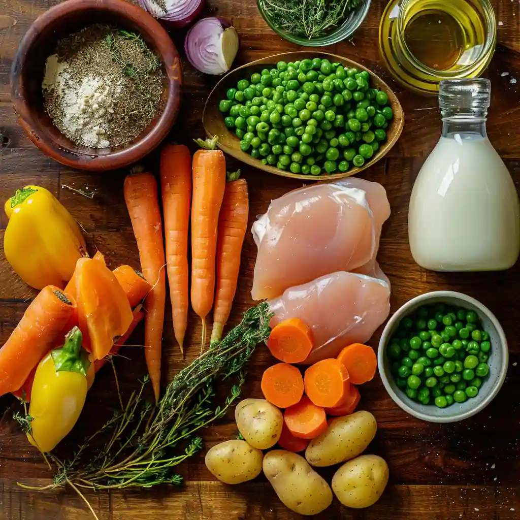 Fresh chicken soup ingredients including chicken breast, carrots, potatoes, peas, and herbs