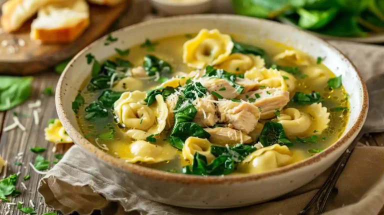 Bowl of chicken tortellini soup with spinach and shredded chicken in golden broth