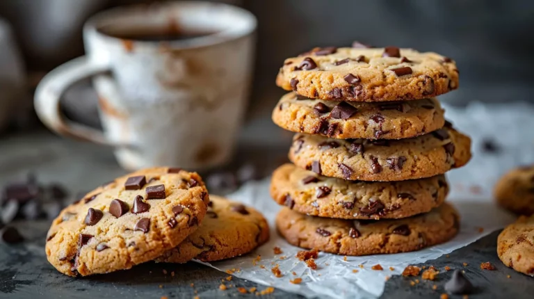 Stack of chocolate chip and toffee shortbread cookies beside coffee mug