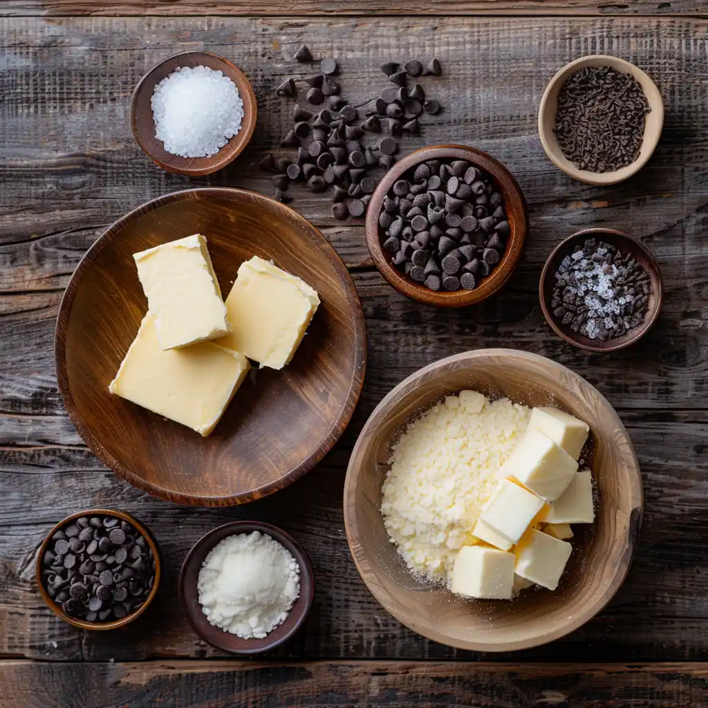 Chocolate chip toffee shortbread ingredients on rustic wood surface