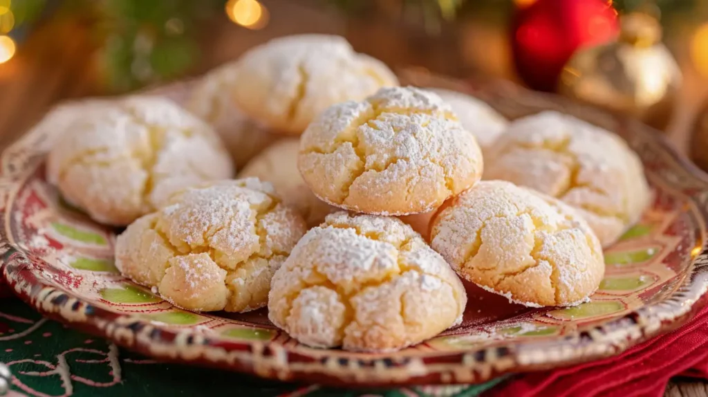 Christmas gooey butter cookies dusted with powdered sugar