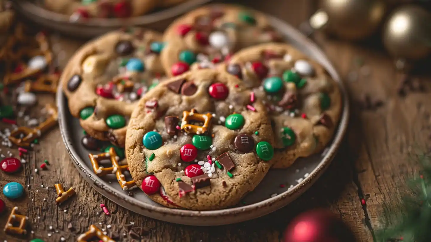 Top-down view of ingredients for Christmas Kitchen Sink Cookies including flour, eggs, pretzels, and colorful mix-ins.