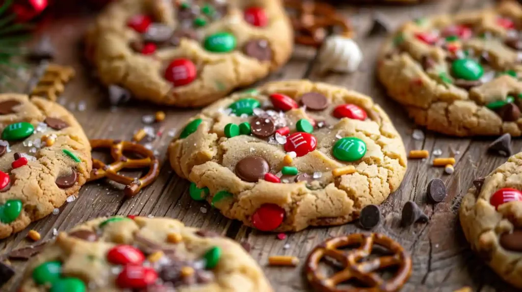 Christmas Kitchen Sink Cookies scattered on a wooden surface with pretzels, chocolate chips, and candies.