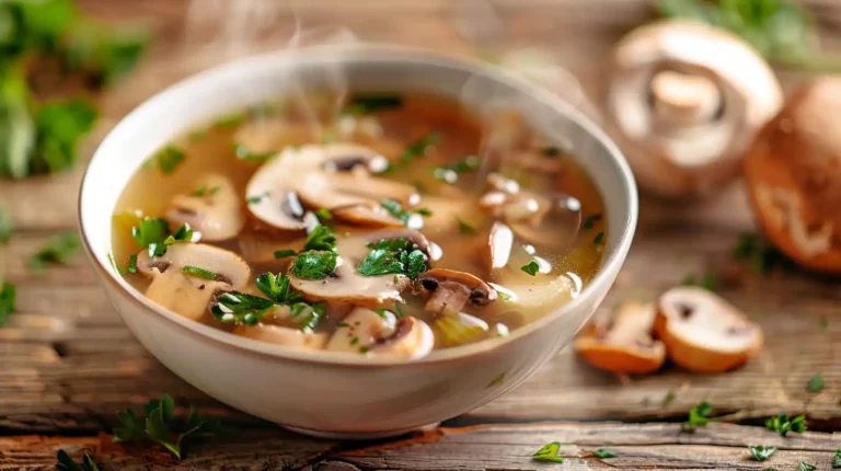 Clean chicken mushroom soup in bowl with fresh herbs