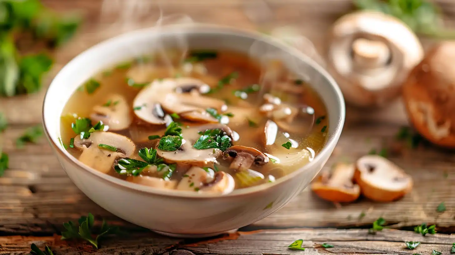 Clean chicken mushroom soup in bowl with fresh herbs