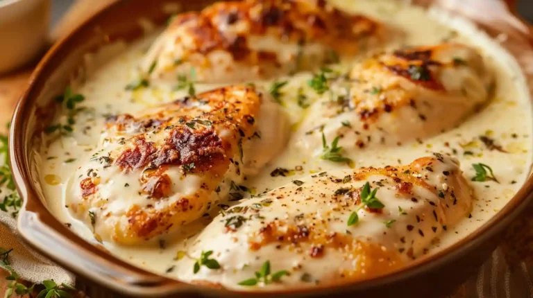Pan of baked Cream Cheese Chicken with fresh herbs