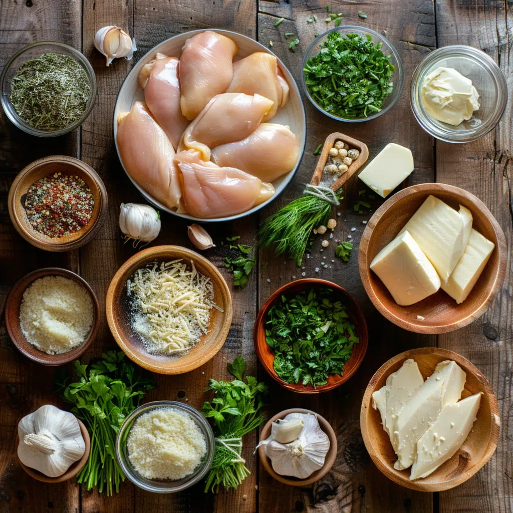 Ingredients for Cream Cheese Chicken on rustic wooden surface