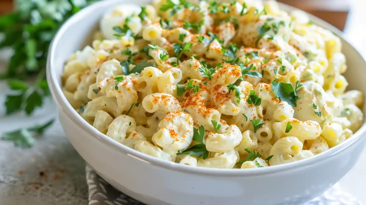 Creamy deviled egg macaroni salad garnished with parsley and paprika