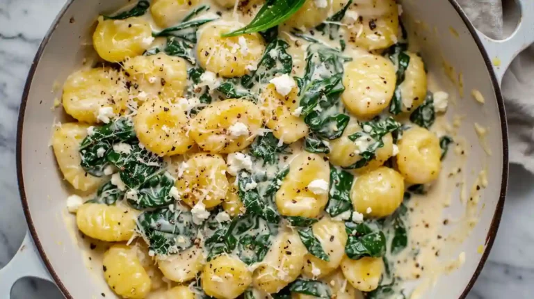 Creamy gnocchi with spinach and feta in a skillet
