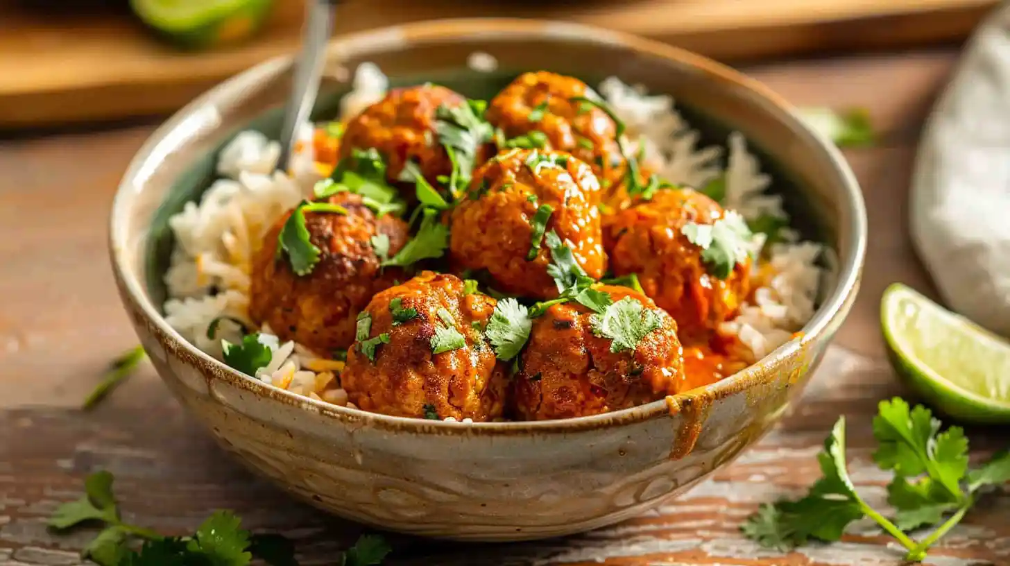 Creamy coconut curry meatballs served over rice in a bowl
