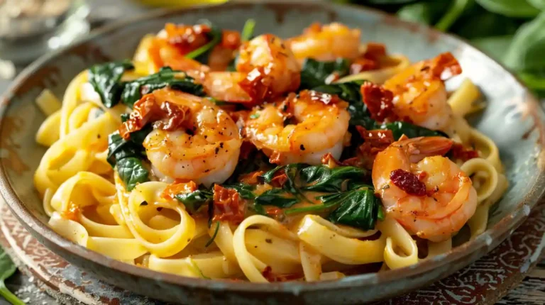 Creamy Sun-Dried Tomato Shrimp with Spinach Pasta served on a rustic plate