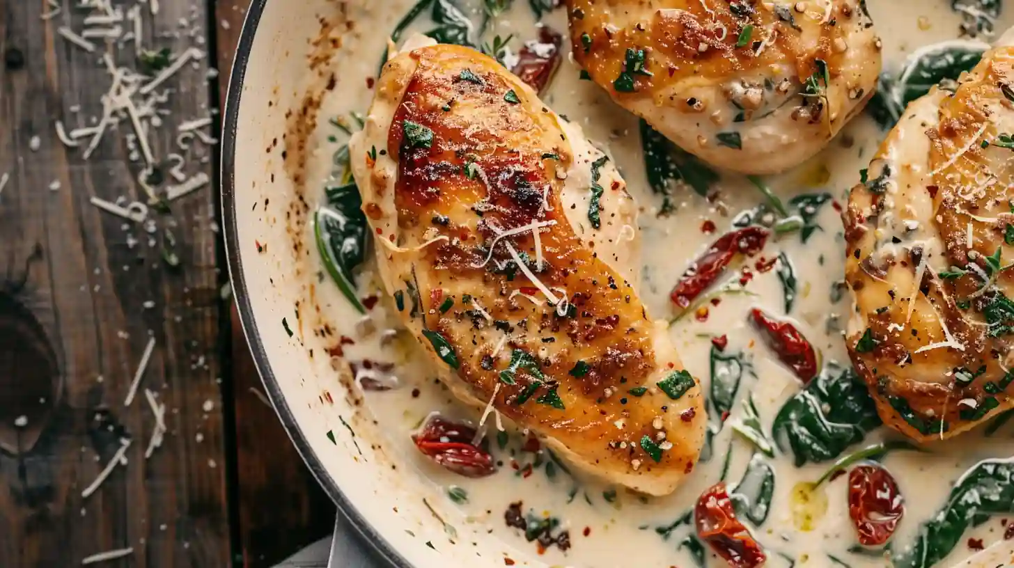 Creamy Tuscan chicken with sun-dried tomatoes and spinach in a skillet