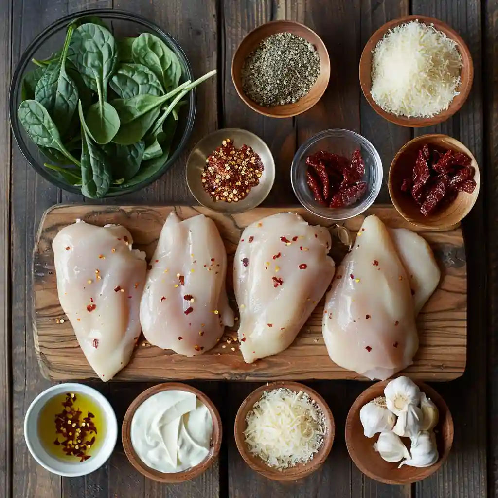 Ingredients for creamy Tuscan chicken including chicken breasts, spinach, and sun-dried tomatoes