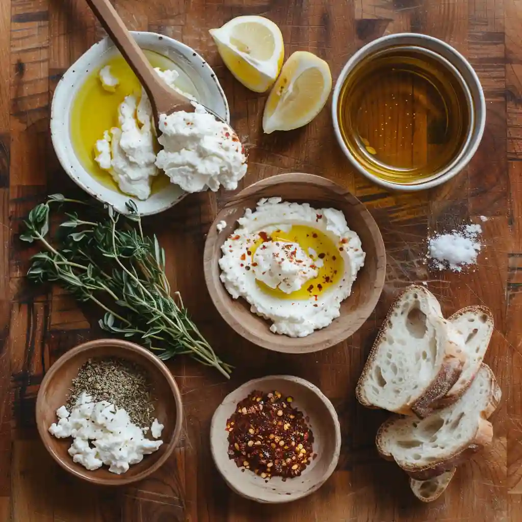 Ingredients for Delicious Ricotta Dip with Hot Honey including ricotta, herbs, and olive oil.