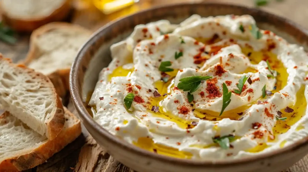 Close-up of Delicious Ricotta Dip with Hot Honey in a clay bowl surrounded by crusty bread slices.