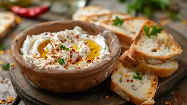 Delicious Ricotta Dip with Hot Honey drizzled with olive oil and chili flakes, served with bread.