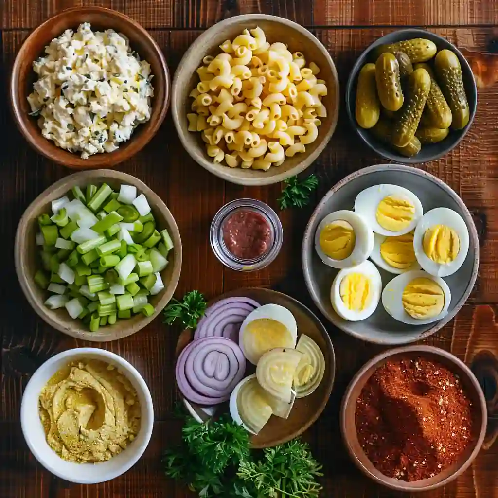 Ingredients for deviled egg macaroni salad including pasta, eggs, mustard, and celery