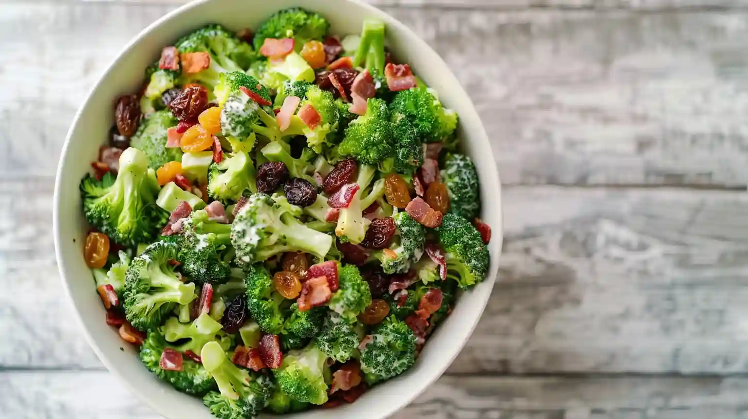 Easy Broccoli Bacon Salad in a white bowl