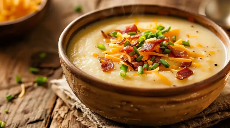 Easy creamy potato soup topped with cheese, bacon, and chives.