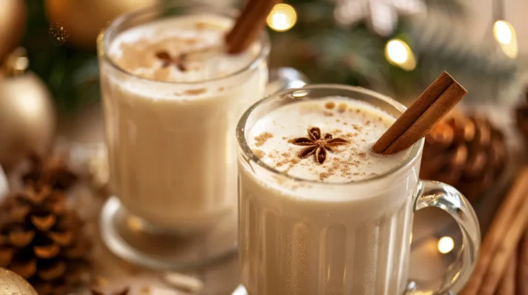Glasses of creamy homemade eggnog with cinnamon and star anise