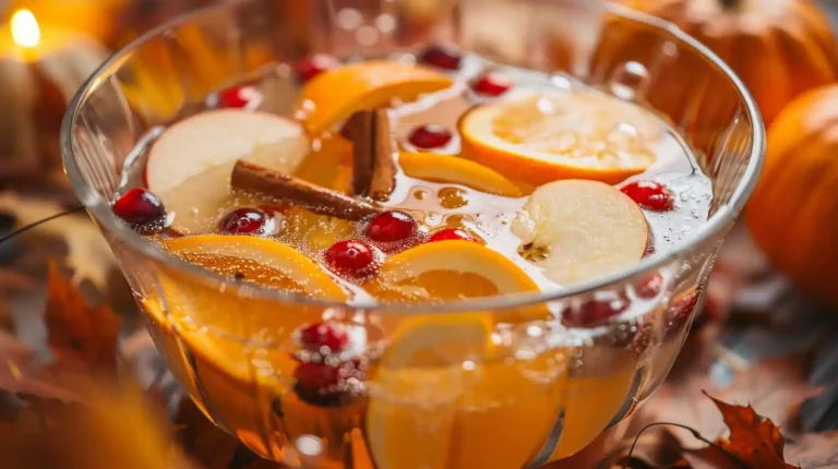 Fall Punch Recipes with apple slices, orange rounds, and cranberries in a glass bowl