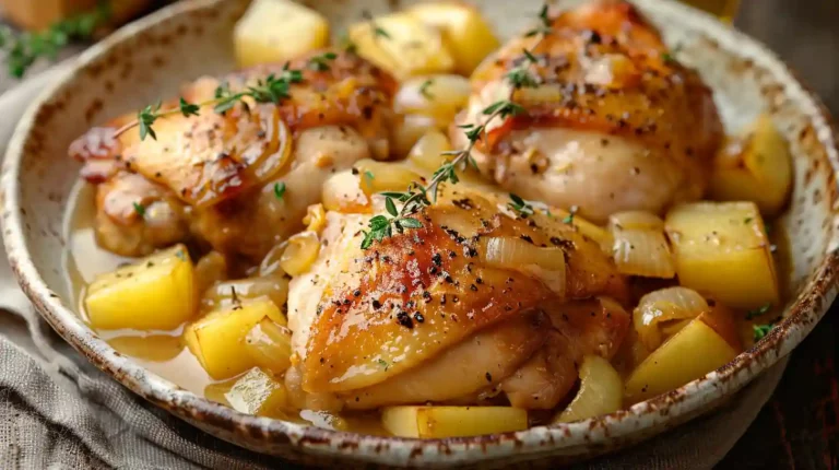 French Apple Cider Chicken ingredients with apples, chicken breasts, and herbs