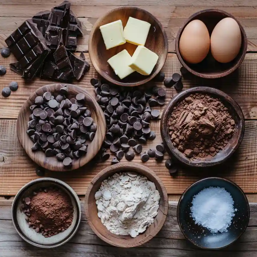 Baking ingredients for Fudgy Brookies arranged in wooden bowl