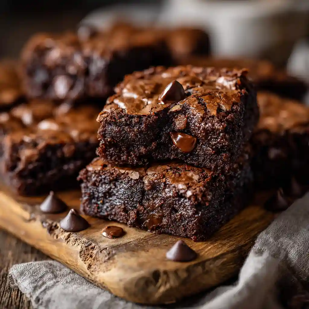 Fudgy Brookies with melty chocolate chips on a wooden surface