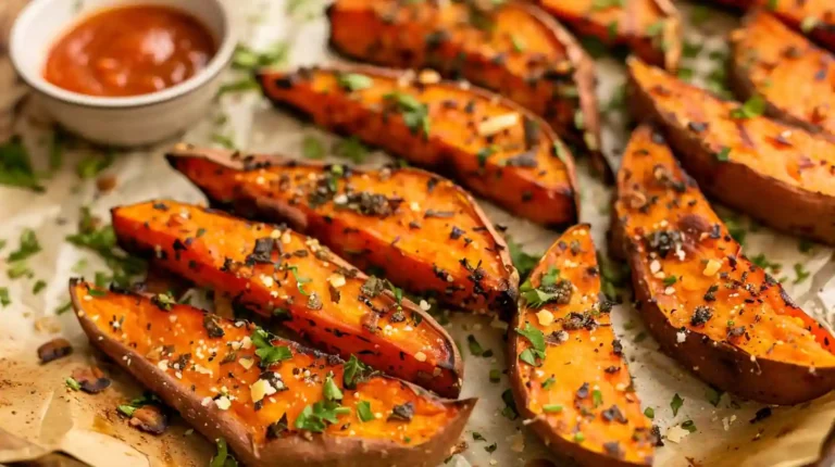 Garlic parmesan sweet potato wedges baked until crispy and golden