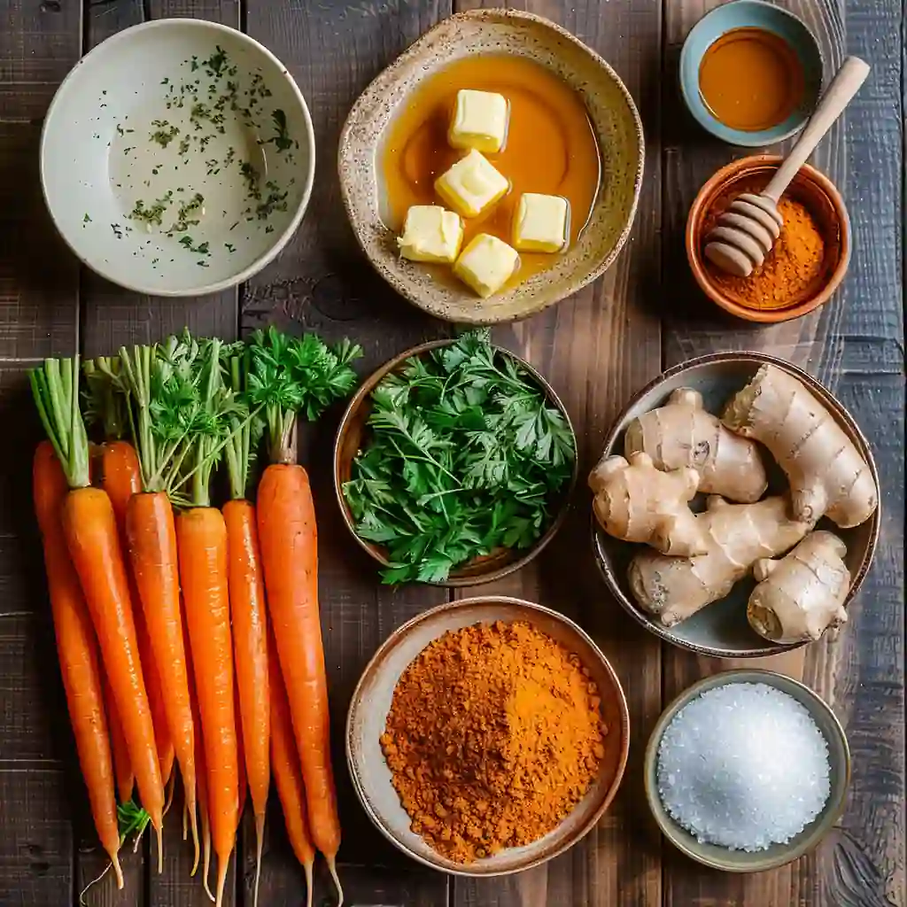 Ingredients for glazed carrots including fresh carrots, honey, butter, and spices