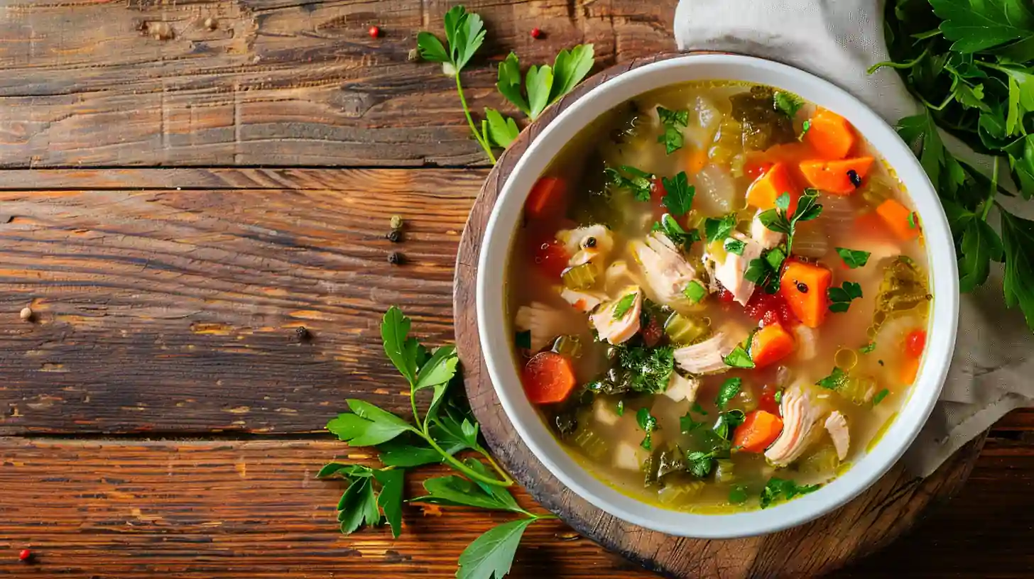 Bowl of high protein chicken soup with vegetables on wooden background