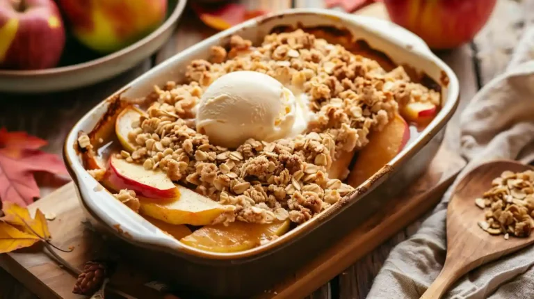 Homemade apple crisp recipe topped with oats and a scoop of vanilla ice cream.