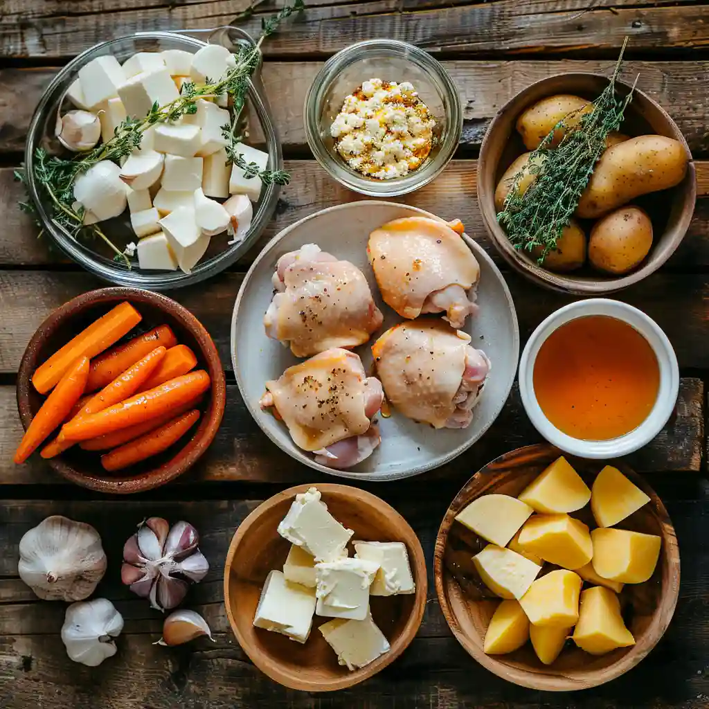 Honey balsamic chicken thighs ingredients on rustic wooden background