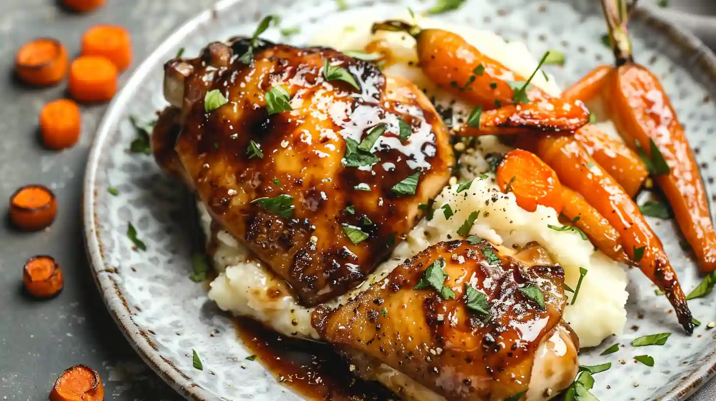 Honey balsamic chicken thighs with mashed potatoes and carrots