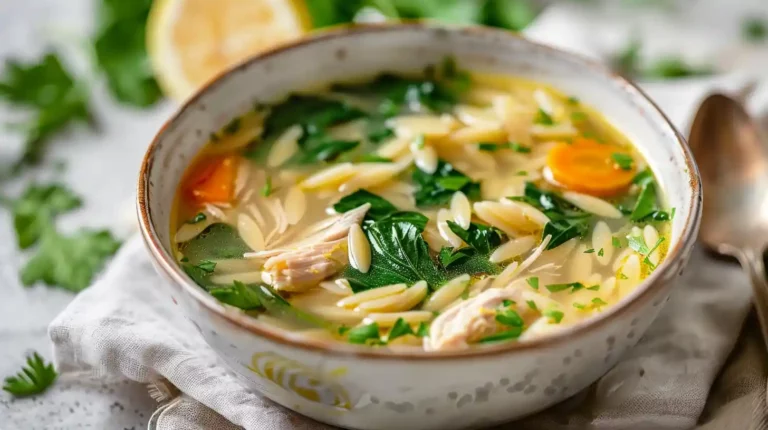 Bowl of Italian penicillin soup with orzo and spinach