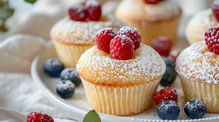 Soft and fluffy Japanese cotton cheesecake cupcakes topped with raspberries and powdered sugar