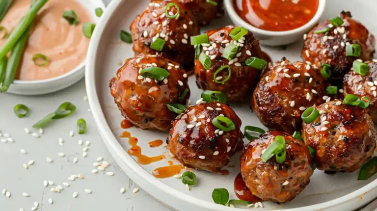 Korean BBQ meatballs with spicy mayo dip garnished with sesame seeds and green onions