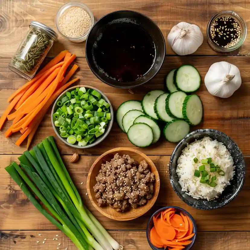 Korean ground beef bowl ingredients with vegetables and sauces