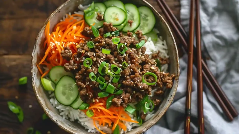 Korean ground beef bowl with rice, carrots, cucumbers, and scallions