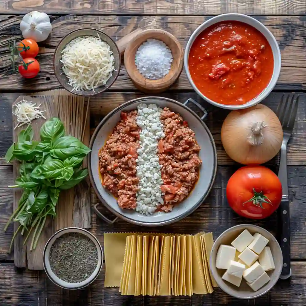 Lasagna soup ingredients including ground sausage, ricotta, tomato sauce, and fresh basil