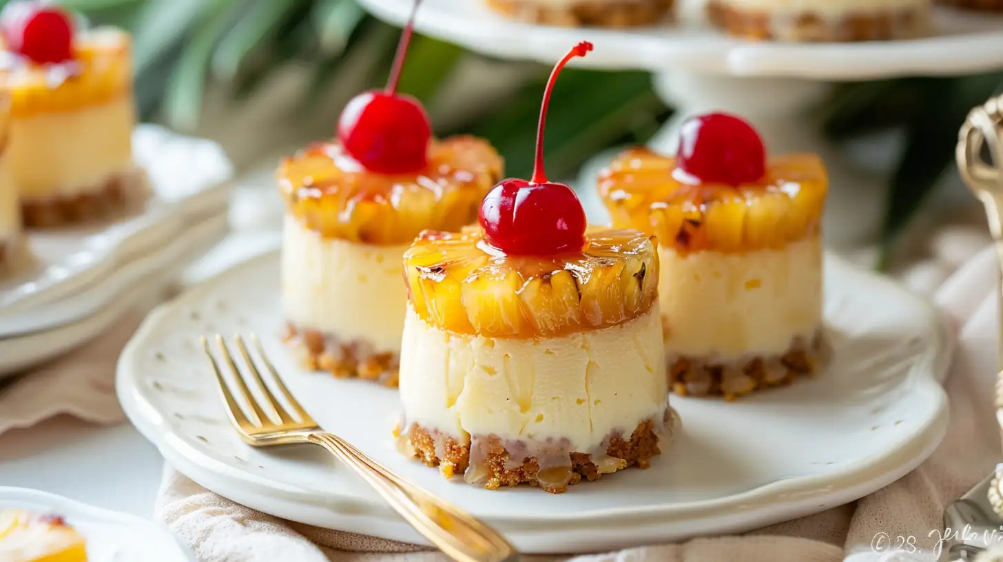 Mini pineapple upside-down cheesecakes topped with cherries on a plate