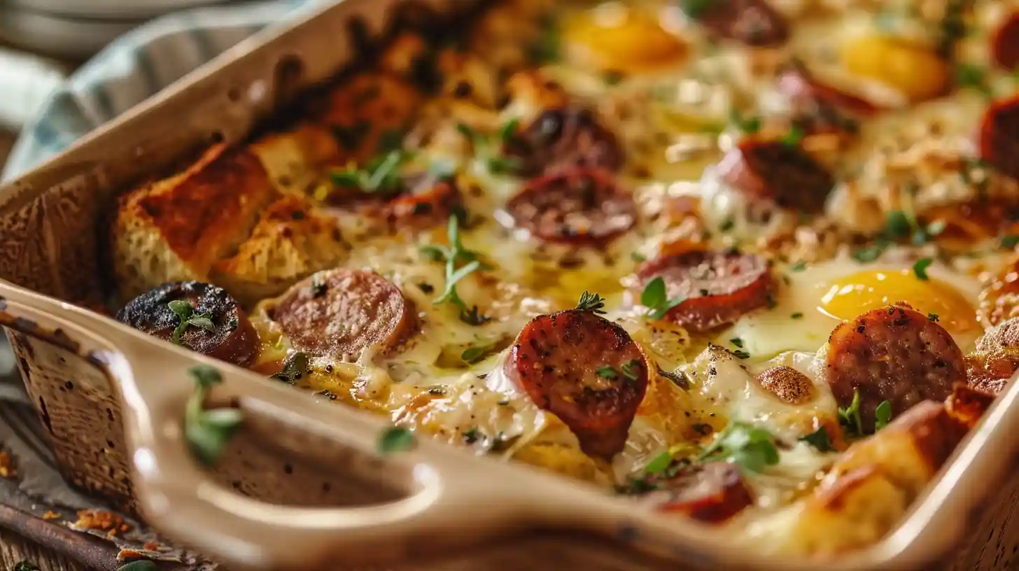 Baked overnight sausage and egg casserole in a dish