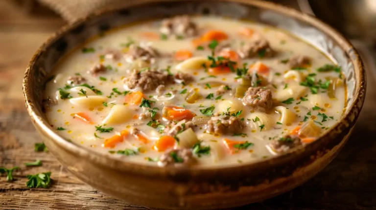 Creamy parmesan sausage soup with pasta, vegetables, and fresh herbs