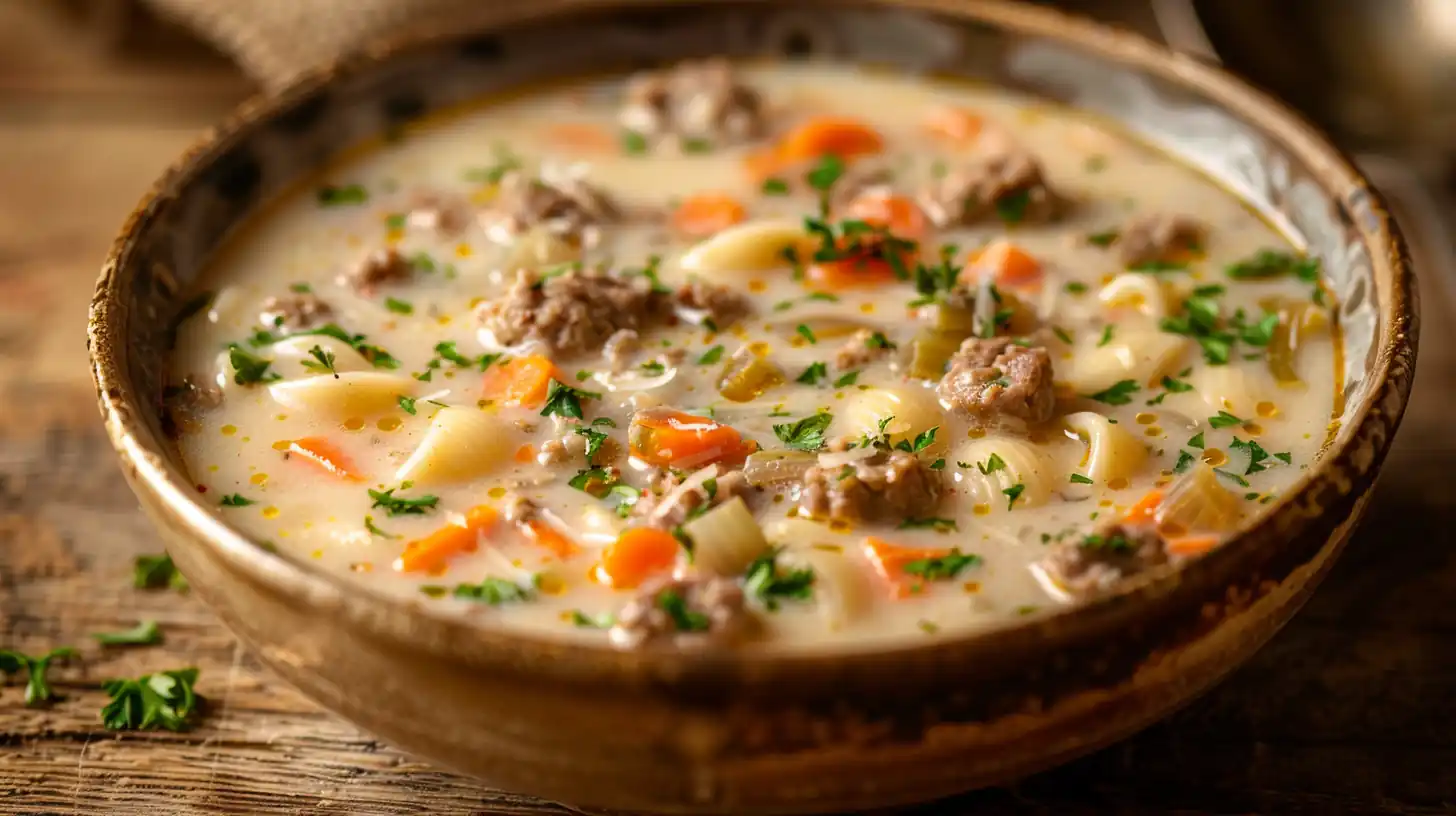 Creamy parmesan sausage soup with pasta, vegetables, and fresh herbs
