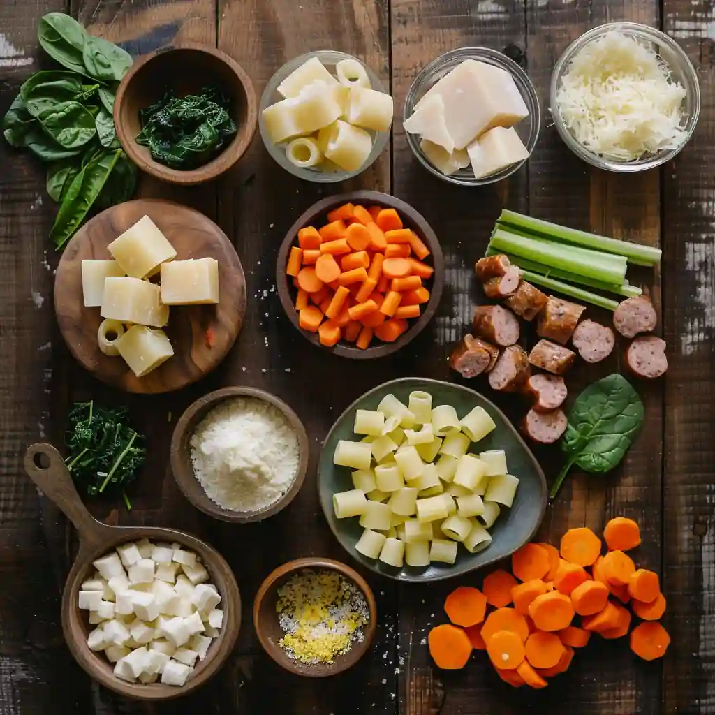 Ingredients for parmesan sausage soup including sausage, pasta, and vegetables