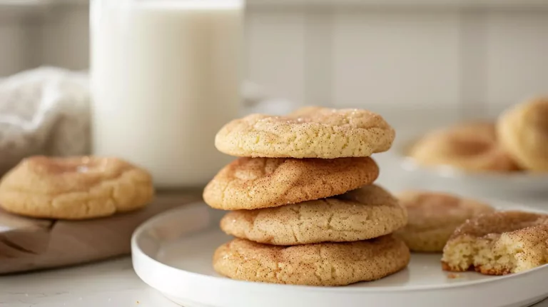 Stack of Perfectly Soft and Chewy Snickerdoodle Cookies with a glass of milk in the background.